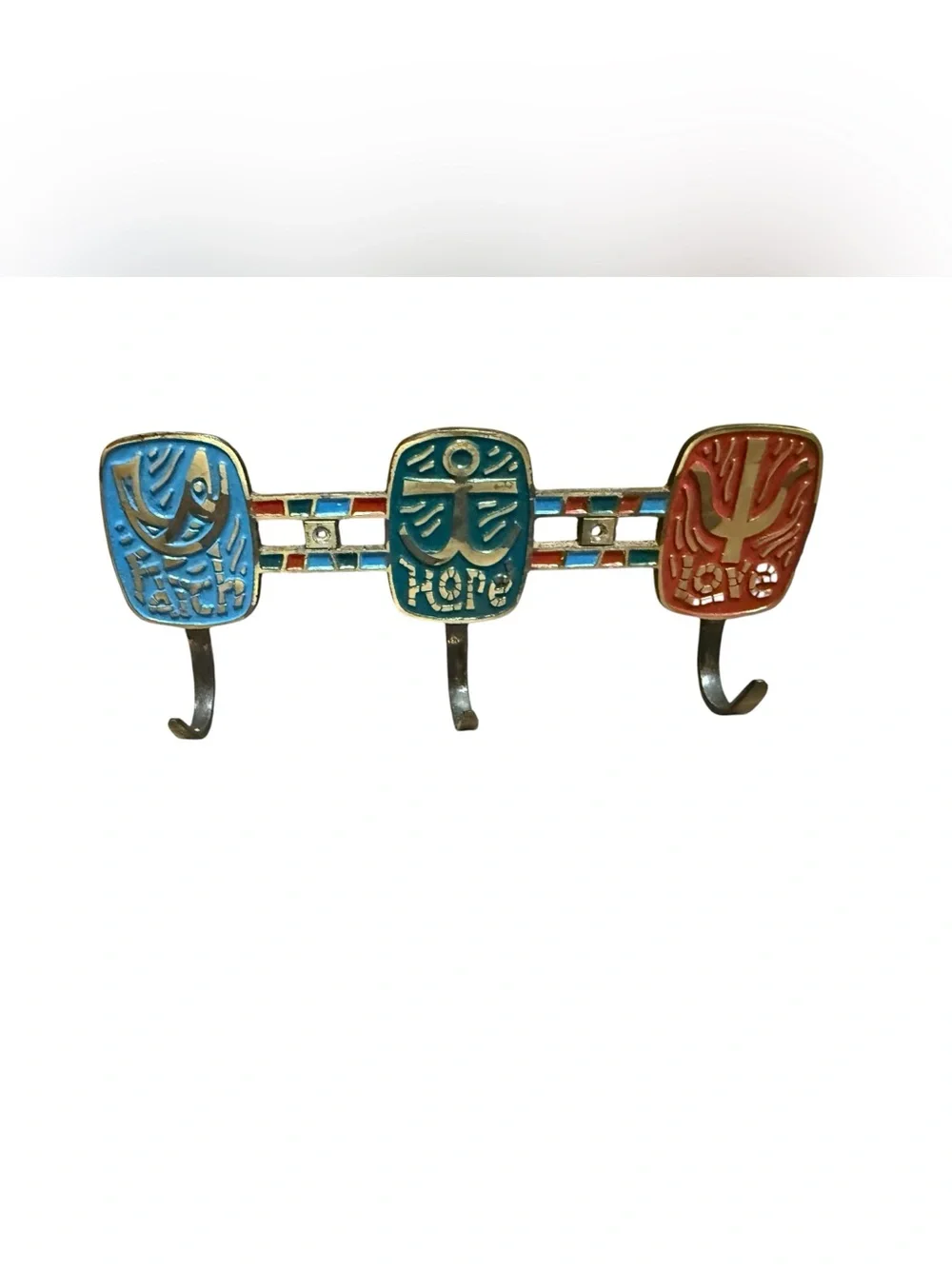 Vintage 1967 Mid-Century Terra Sancta Guild Brass Enamel Wall Hook Plaque